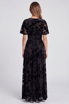 Black Velvet Floral A Line V-Neck Long Formal Dress with Slit