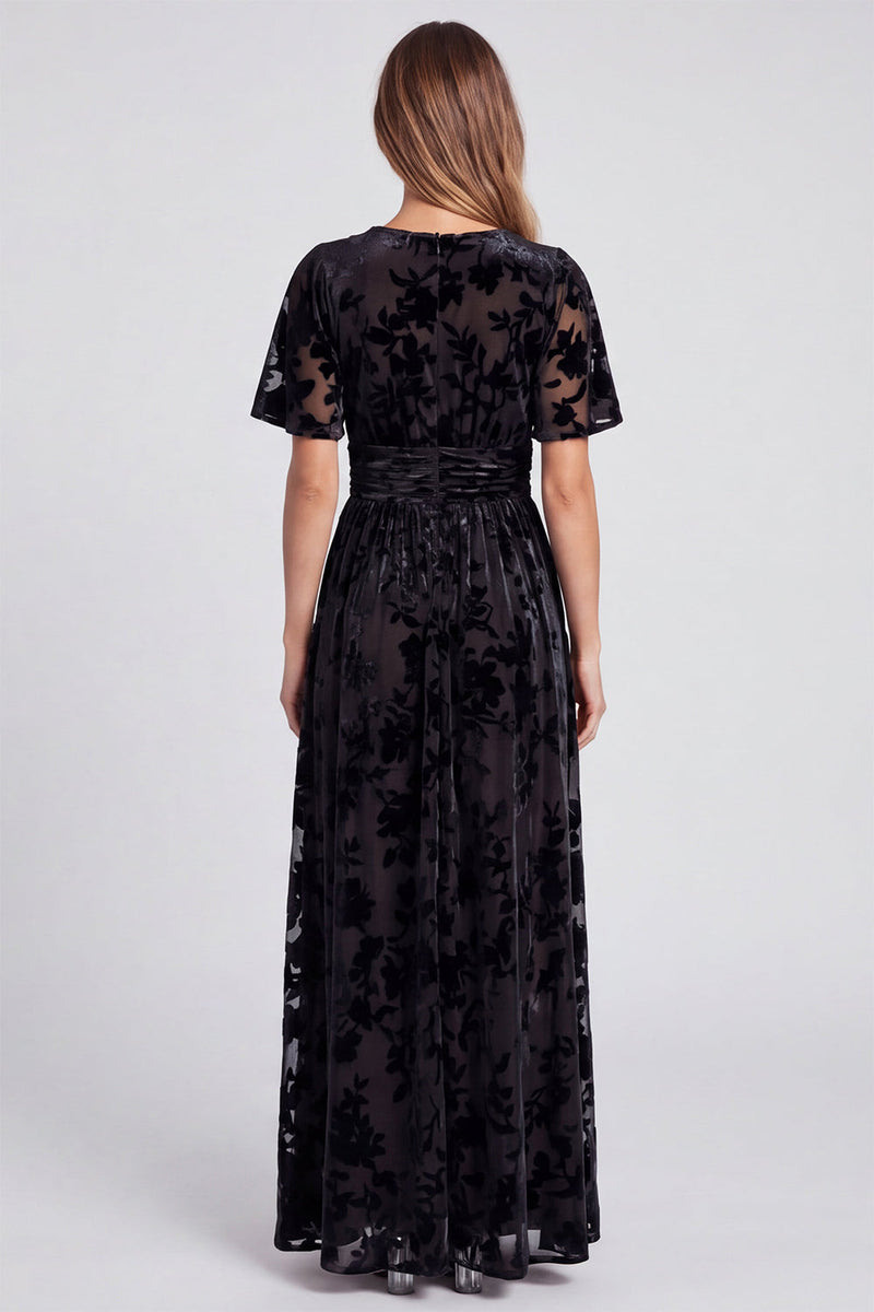 Load image into Gallery viewer, Black Velvet Floral A Line V-Neck Long Formal Dress with Slit