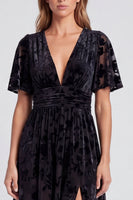 Load image into Gallery viewer, Black Velvet Floral A Line V-Neck Long Formal Dress with Slit