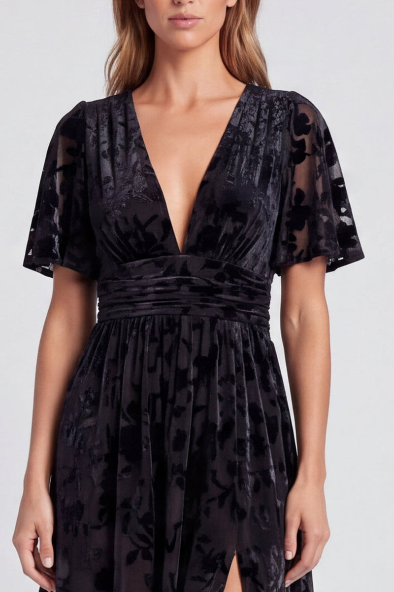 Load image into Gallery viewer, Black Velvet Floral A Line V-Neck Long Formal Dress with Slit