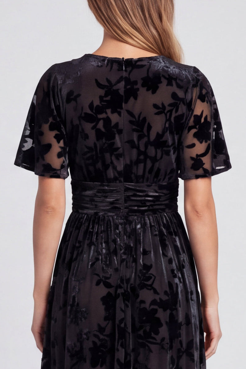 Load image into Gallery viewer, Black Velvet Floral A Line V-Neck Long Formal Dress with Slit