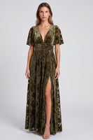 Load image into Gallery viewer, Black Velvet Floral A Line V-Neck Long Formal Dress with Slit
