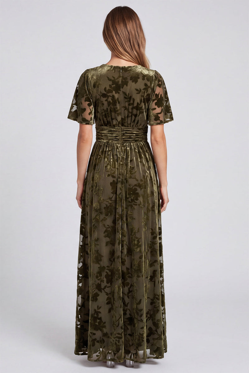 Load image into Gallery viewer, Black Velvet Floral A Line V-Neck Long Formal Dress with Slit
