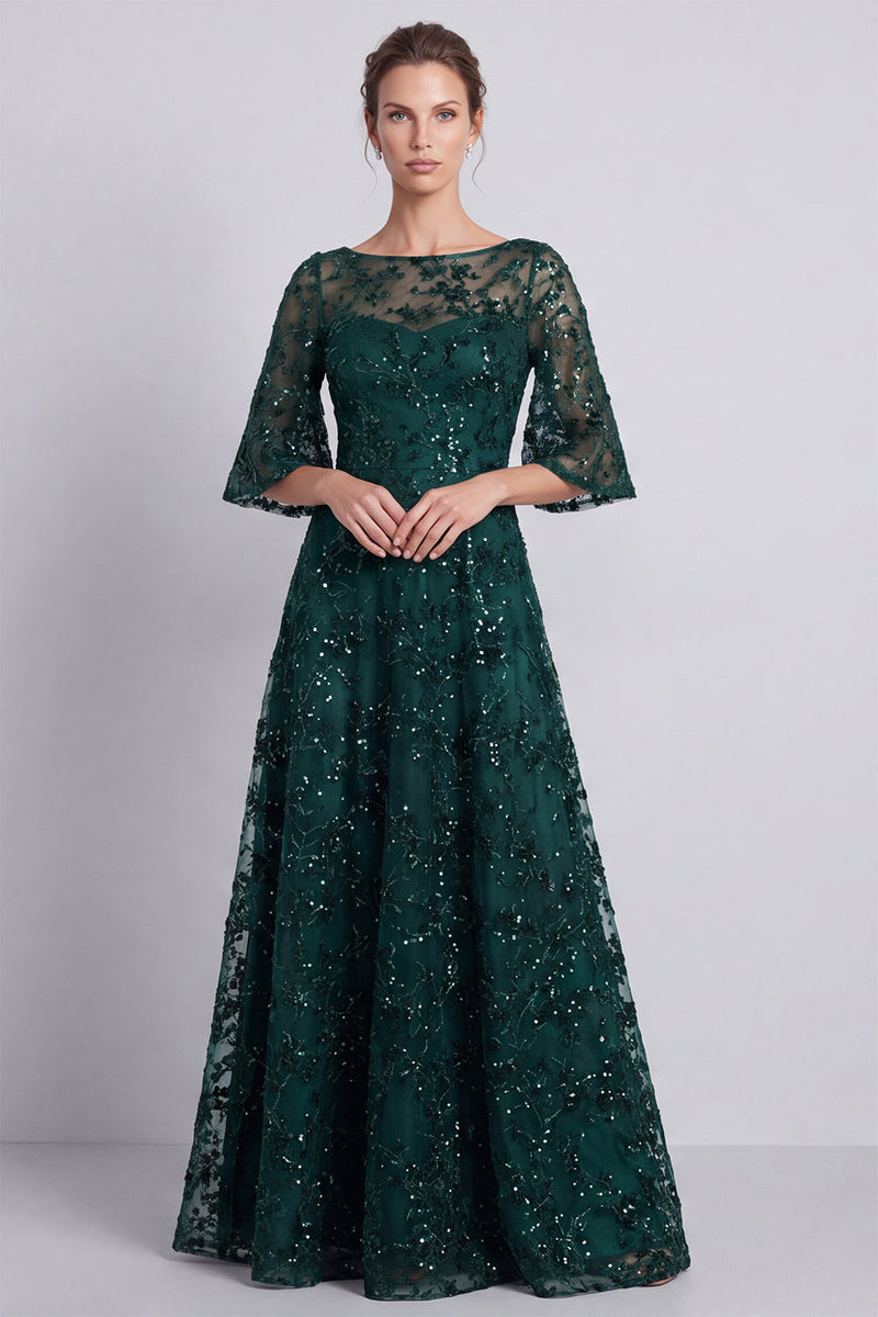 Load image into Gallery viewer, Sparkly Dark Green A Line Floral Long Formal Dress with Beading