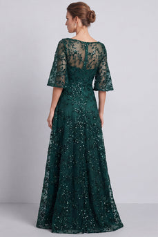 Sparkly Dark Green A Line Floral Long Formal Dress with Beading