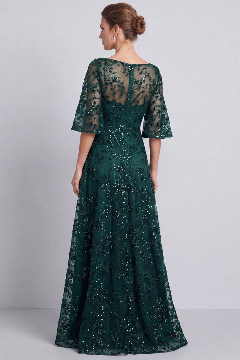 Load image into Gallery viewer, Sparkly Dark Green A Line Floral Long Formal Dress with Beading