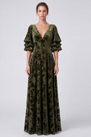 Load image into Gallery viewer, Olive Floral A Line Velvet V-Neck Puff SleevesLong Formal Dress