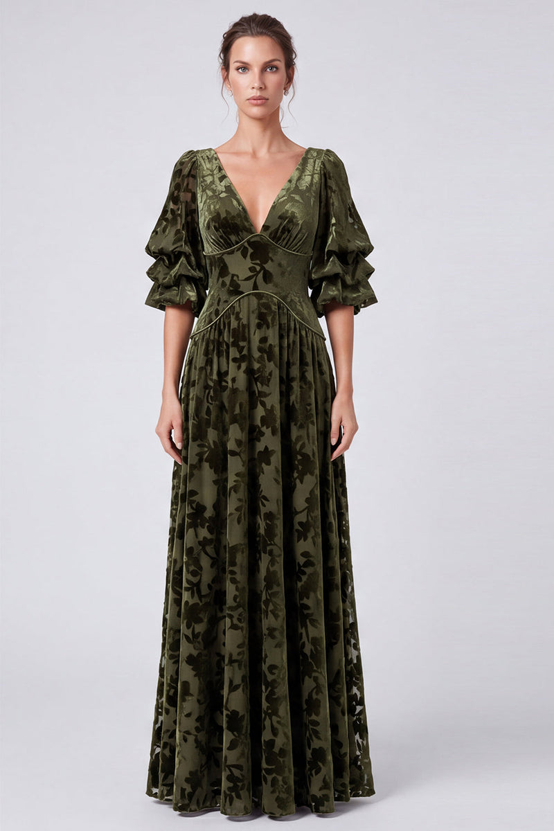 Load image into Gallery viewer, Olive Floral A Line Velvet V-Neck Puff SleevesLong Formal Dress