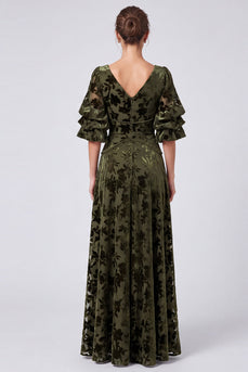 Olive Floral A Line Velvet V-Neck Puff SleevesLong Formal Dress