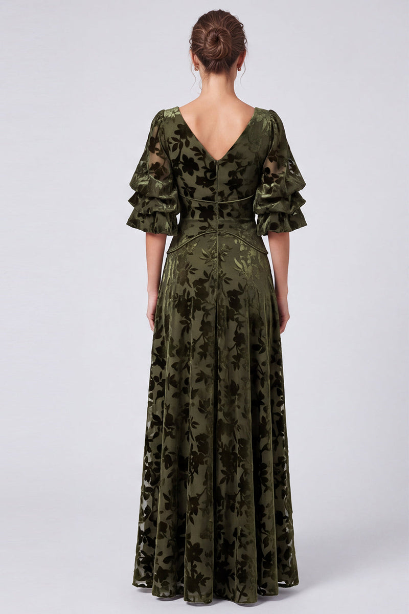 Load image into Gallery viewer, Olive Floral A Line Velvet V-Neck Puff SleevesLong Formal Dress