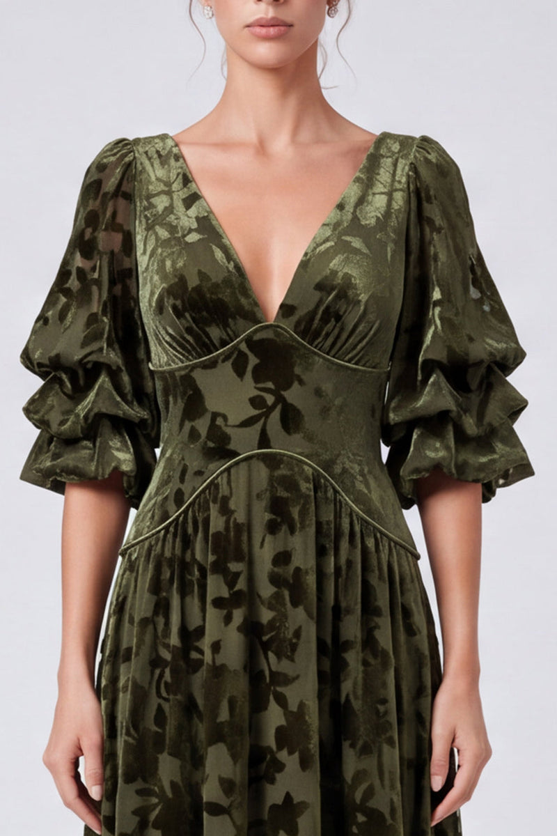 Load image into Gallery viewer, Olive Floral A Line Velvet V-Neck Puff SleevesLong Formal Dress