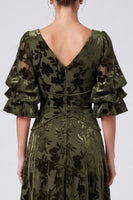 Load image into Gallery viewer, Olive Floral A Line Velvet V-Neck Puff SleevesLong Formal Dress