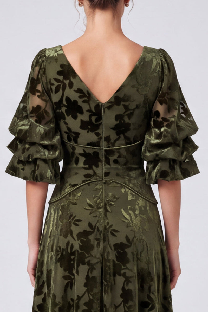 Load image into Gallery viewer, Olive Floral A Line Velvet V-Neck Puff SleevesLong Formal Dress