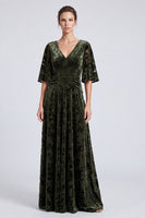 Load image into Gallery viewer, Floral Olive Velvet A Line Ruched Long Formal Dress with Sleeves