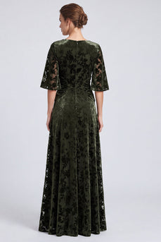 Floral Olive Velvet A Line Ruched Long Formal Dress with Sleeves