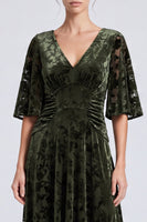 Load image into Gallery viewer, Floral Olive Velvet A Line Ruched Long Formal Dress with Sleeves