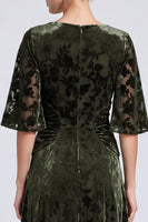 Load image into Gallery viewer, Floral Olive Velvet A Line Ruched Long Formal Dress with Sleeves