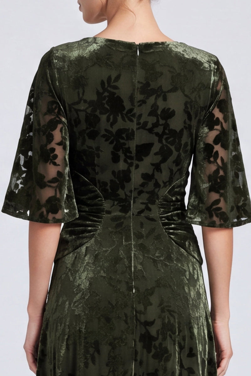 Load image into Gallery viewer, Floral Olive Velvet A Line Ruched Long Formal Dress with Sleeves