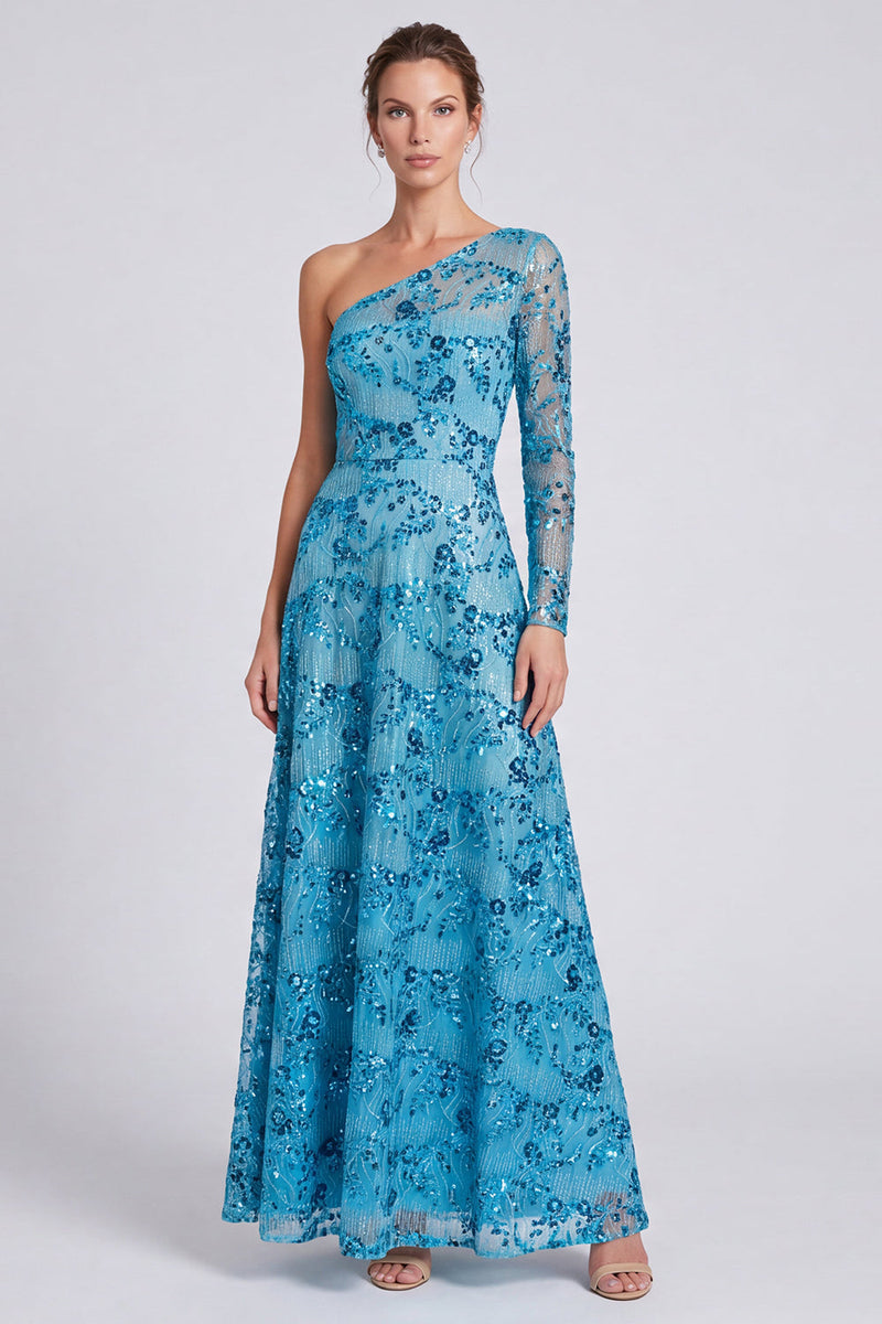 Load image into Gallery viewer, Sparkly Blue Floral A Line Sequin Long Formal Dress with Sleeves