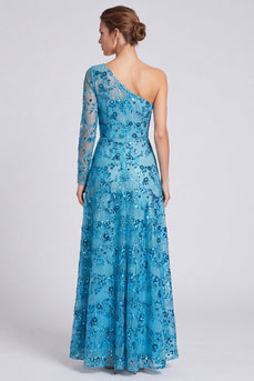 Sparkly Blue Floral A Line Sequin Long Formal Dress with Sleeves