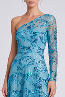Load image into Gallery viewer, Sparkly Blue Floral A Line Sequin Long Formal Dress with Sleeves