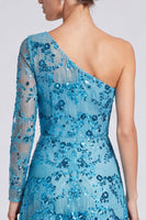 Load image into Gallery viewer, Sparkly Blue Floral A Line Sequin Long Formal Dress with Sleeves