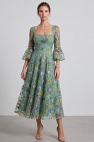 Load image into Gallery viewer, Floral Dusty Sage A Line Square Neck Embroidered Midi Formal Dress with Sleeves