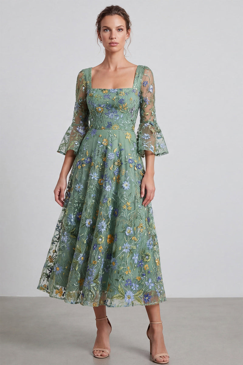 Load image into Gallery viewer, Floral Dusty Sage A Line Square Neck Embroidered Midi Formal Dress with Sleeves