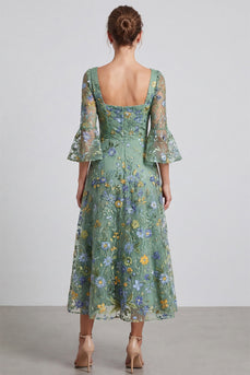 Floral Dusty Sage A Line Square Neck Embroidered Midi Formal Dress with Sleeves