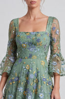 Load image into Gallery viewer, Floral Dusty Sage A Line Square Neck Embroidered Midi Formal Dress with Sleeves
