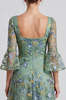 Load image into Gallery viewer, Floral Dusty Sage A Line Square Neck Embroidered Midi Formal Dress with Sleeves