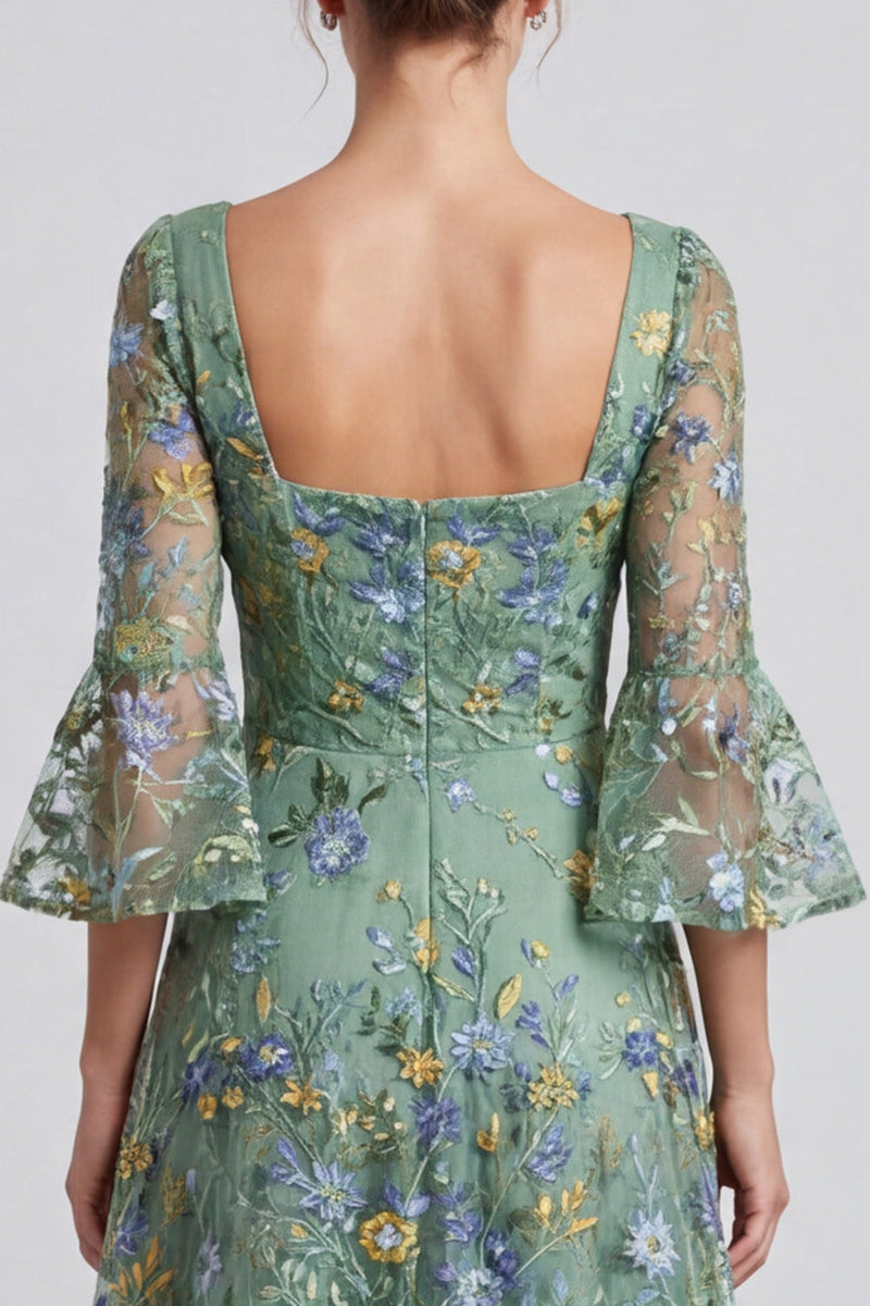 Load image into Gallery viewer, Floral Dusty Sage A Line Square Neck Embroidered Midi Formal Dress with Sleeves