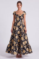 Load image into Gallery viewer, Black Gold A Line Square Neck Floral Long Formal Dress with Sleeves