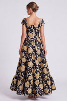 Load image into Gallery viewer, Black Gold A Line Square Neck Floral Long Formal Dress with Sleeves