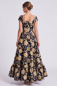 Black Gold A Line Square Neck Floral Long Formal Dress with Sleeves