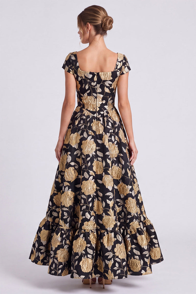 Load image into Gallery viewer, Black Gold A Line Square Neck Floral Long Formal Dress with Sleeves
