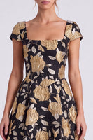 Load image into Gallery viewer, Black Gold A Line Square Neck Floral Long Formal Dress with Sleeves