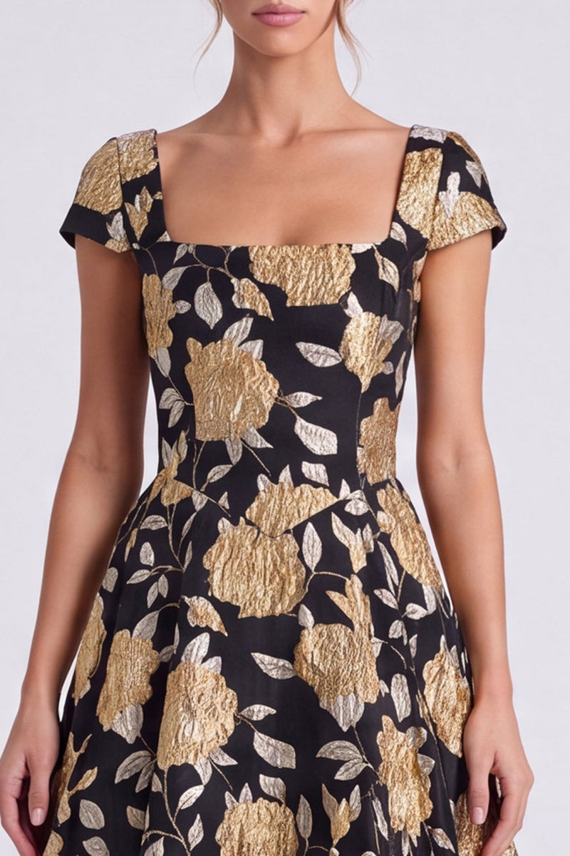 Load image into Gallery viewer, Black Gold A Line Square Neck Floral Long Formal Dress with Sleeves