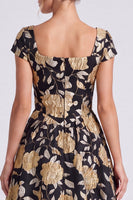 Load image into Gallery viewer, Black Gold A Line Square Neck Floral Long Formal Dress with Sleeves