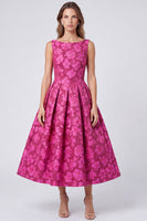 Load image into Gallery viewer, Floral Fuchsia A Line Jacquard Boat Neck Ruched Midi Formal Dress
