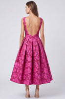 Load image into Gallery viewer, Floral Fuchsia A Line Jacquard Boat Neck Ruched Midi Formal Dress