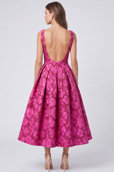 Floral Fuchsia A Line Jacquard Boat Neck Ruched Midi Formal Dress