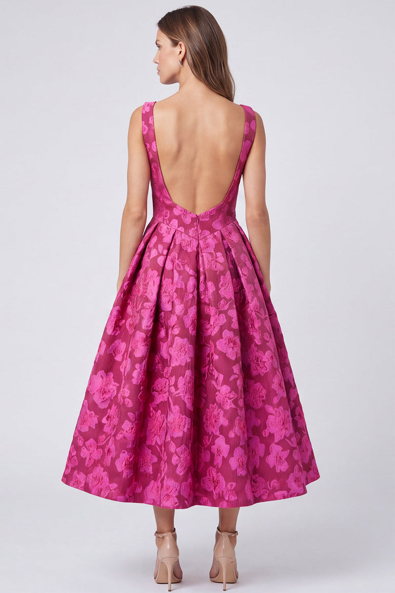 Load image into Gallery viewer, Floral Fuchsia A Line Jacquard Boat Neck Ruched Midi Formal Dress