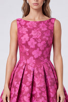 Load image into Gallery viewer, Floral Fuchsia A Line Jacquard Boat Neck Ruched Midi Formal Dress