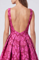 Load image into Gallery viewer, Floral Fuchsia A Line Jacquard Boat Neck Ruched Midi Formal Dress