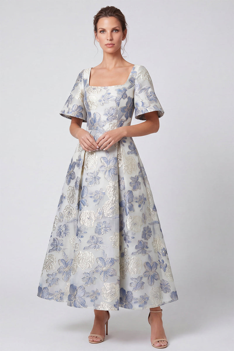 Load image into Gallery viewer, Dusty Blue Floral Jacquard Square Neck A Line Long Formal Dress with Sleeves