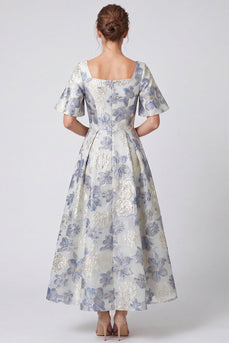 Dusty Blue Floral Jacquard Square Neck A Line Long Formal Dress with Sleeves