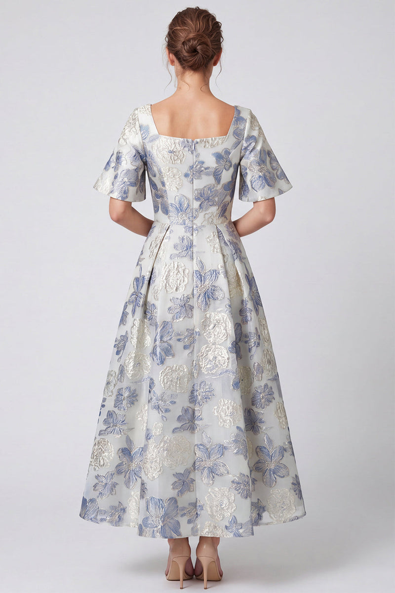 Load image into Gallery viewer, Dusty Blue Floral Jacquard Square Neck A Line Long Formal Dress with Sleeves