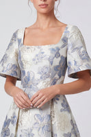Load image into Gallery viewer, Dusty Blue Floral Jacquard Square Neck A Line Long Formal Dress with Sleeves