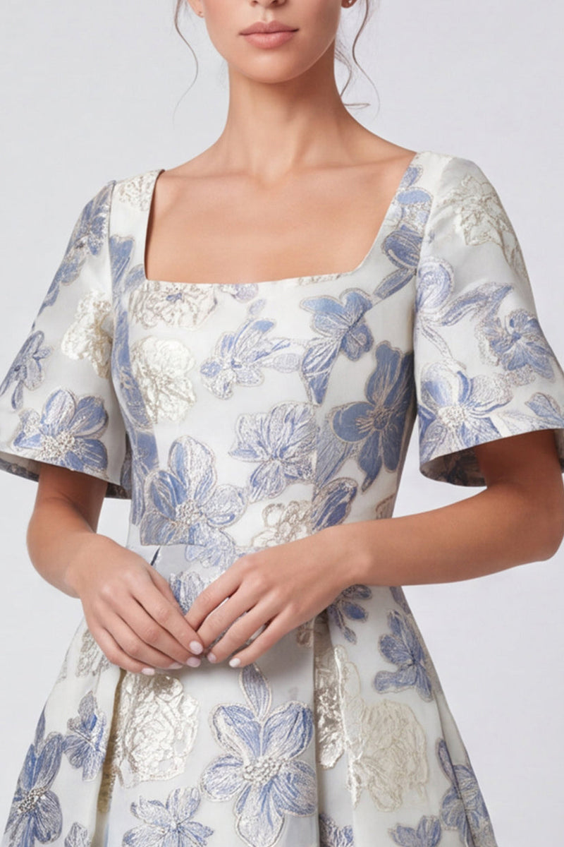 Load image into Gallery viewer, Dusty Blue Floral Jacquard Square Neck A Line Long Formal Dress with Sleeves